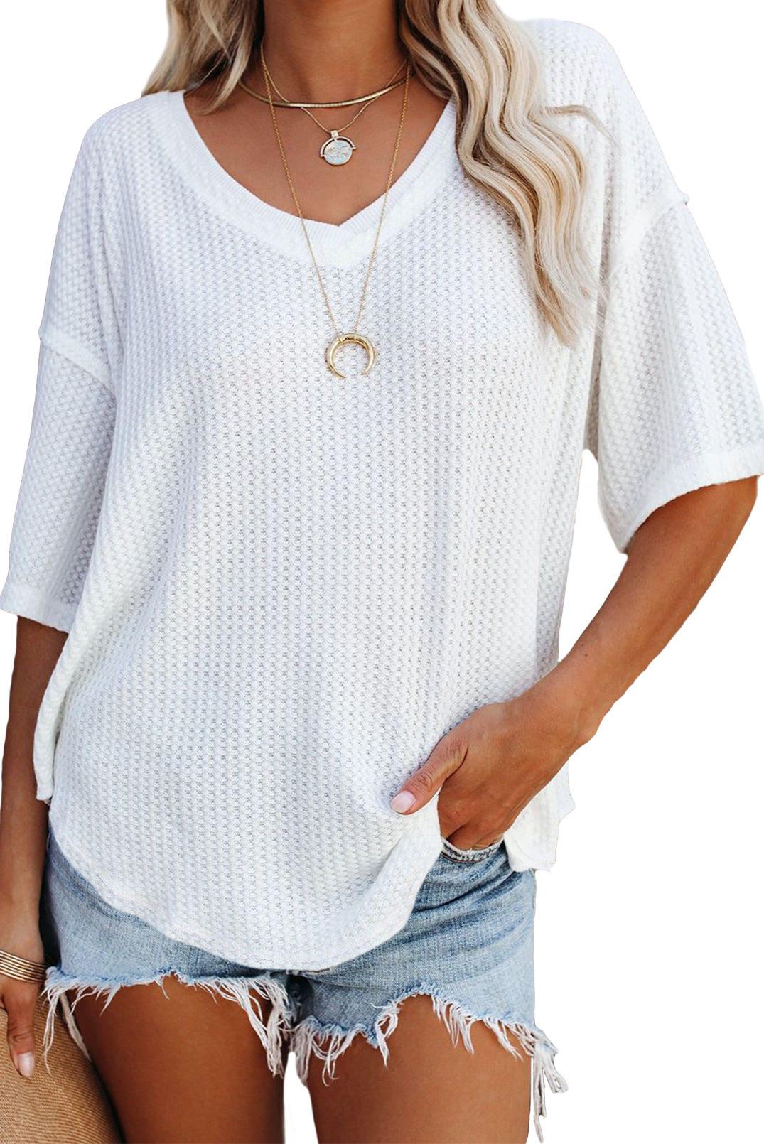 Rose Exposed Seam Drop Sleeve V Neck Waffle Textured Top