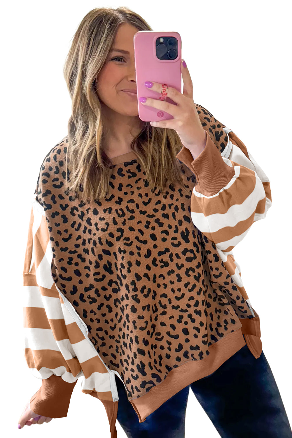 Purple Striped Leopard Colorblock Side Slits Sweatshirt