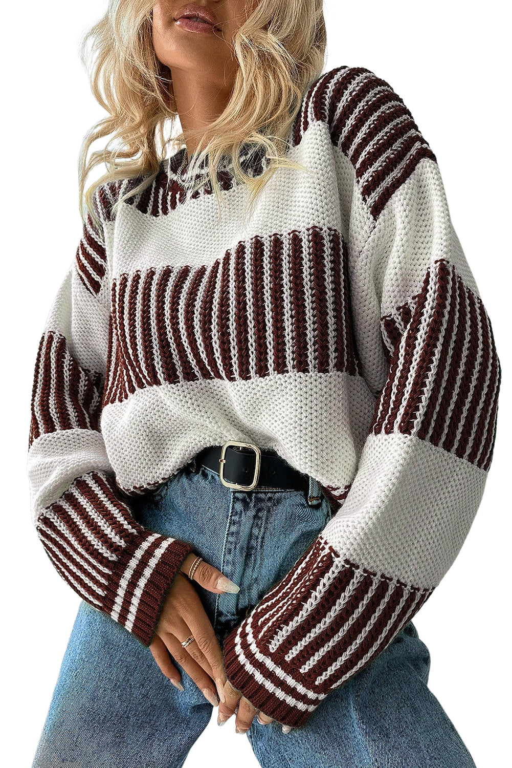 Khaki Two Tone Striped Patchwork Drop Shoulder Sweater