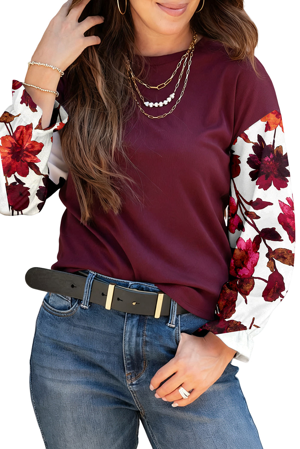 Wild Ginger Classic Floral Sleeve Patchwork Round Neck Blouse