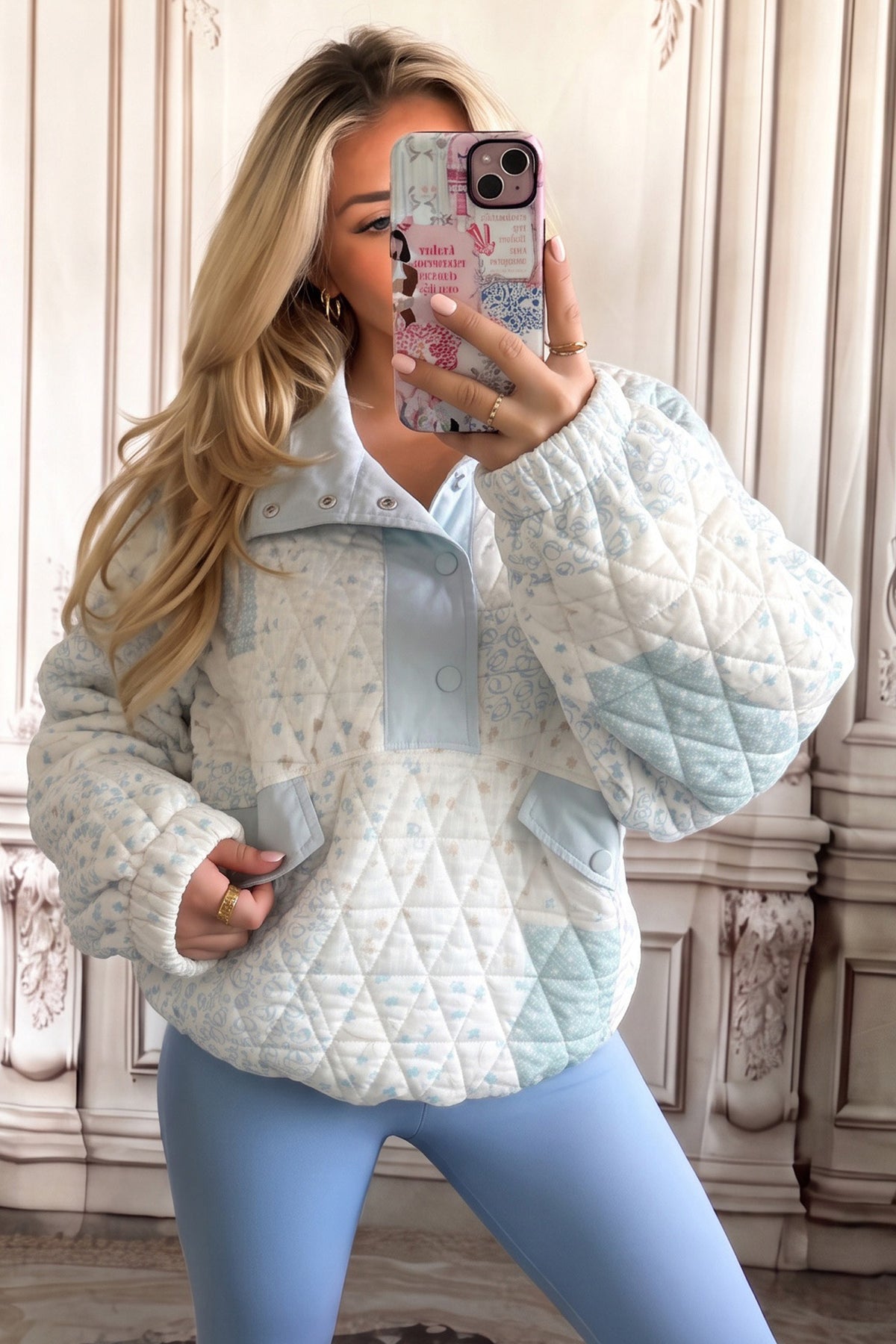 Floral Quilted Henley Pullover