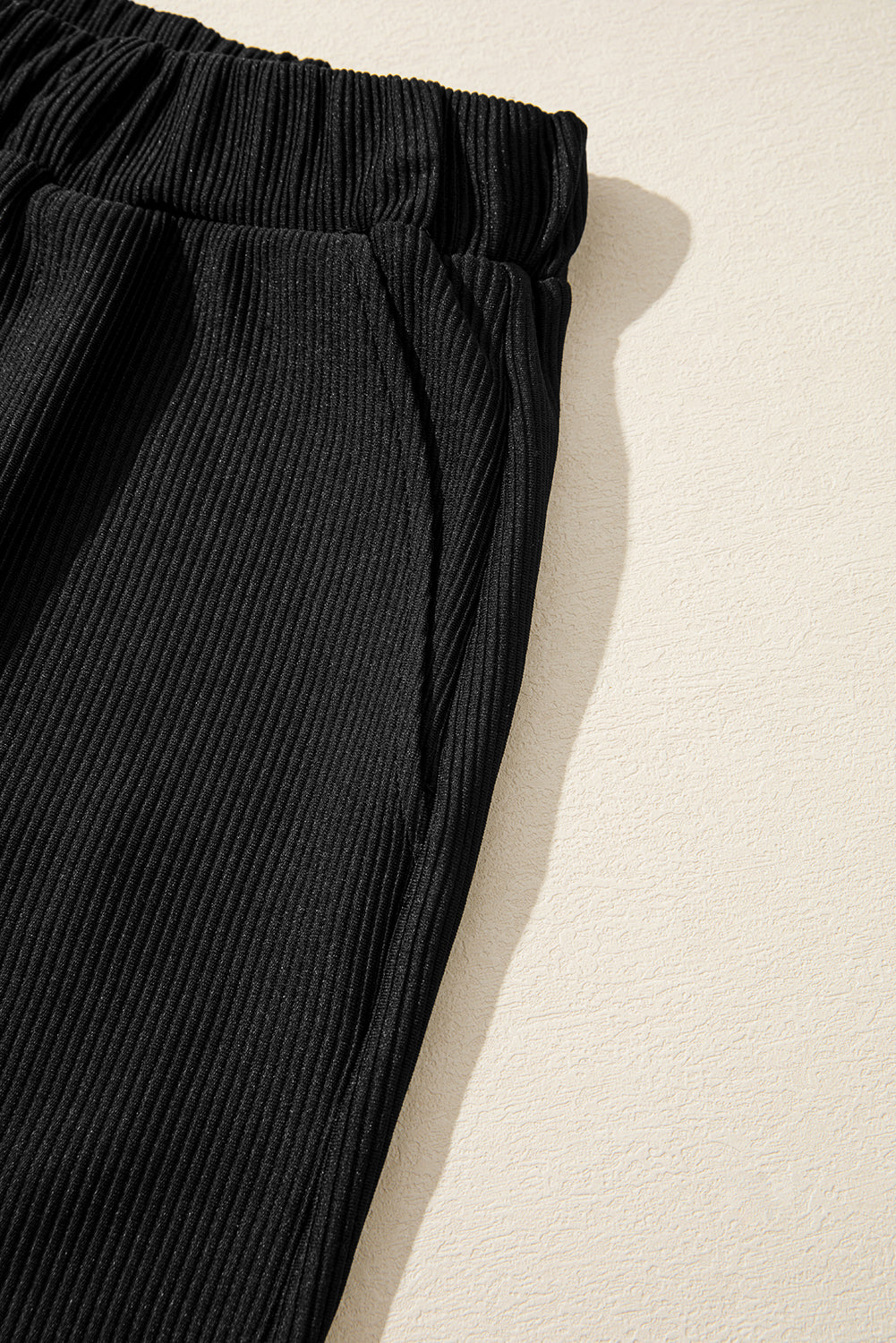 Black Ribbed Texture Baggy Drop Shoulder Pullover and Shorts Set