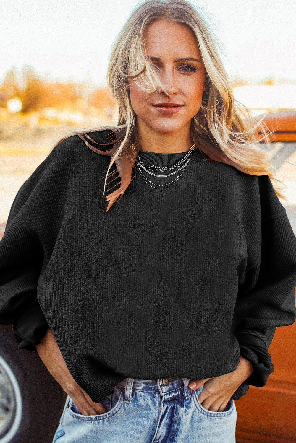 Dark Grey Drop Sleeve Rib Knit Oversized Sweatshirt