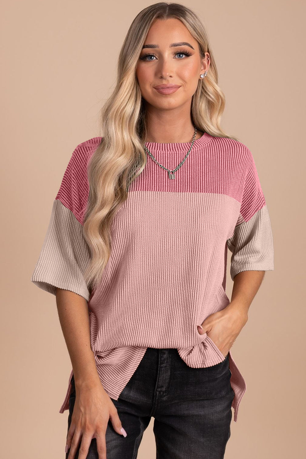 Black Color Block Ribbed Side Slits Half Sleeve Top
