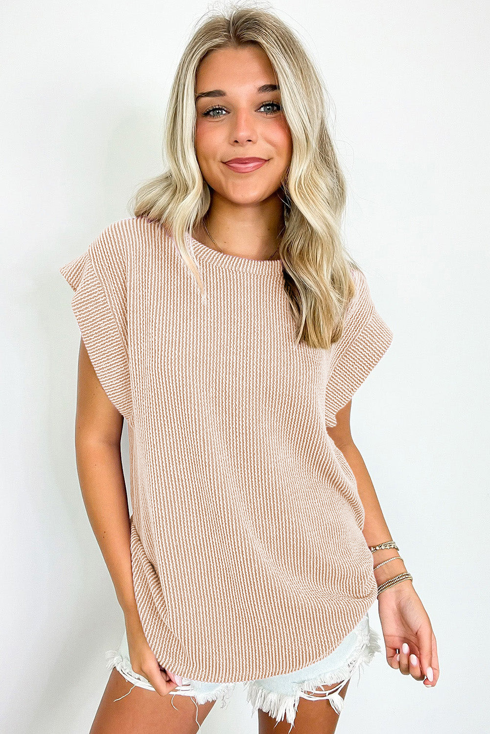 Gray Twisted Ribbed Textured Plain T Shirt