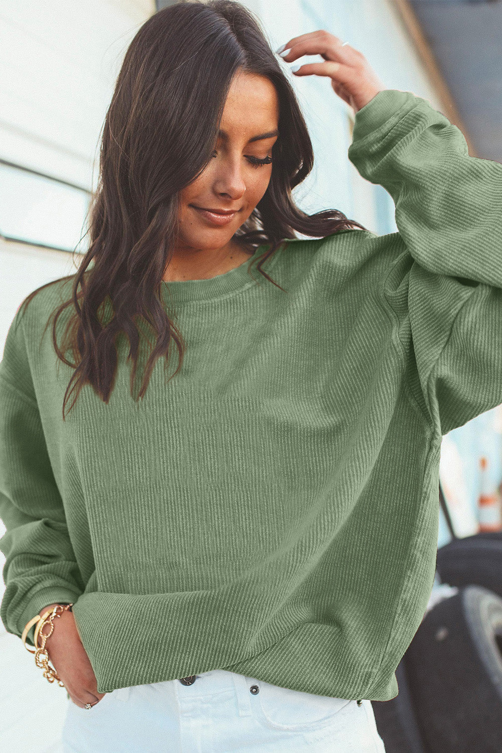 Dark Grey Drop Sleeve Rib Knit Oversized Sweatshirt