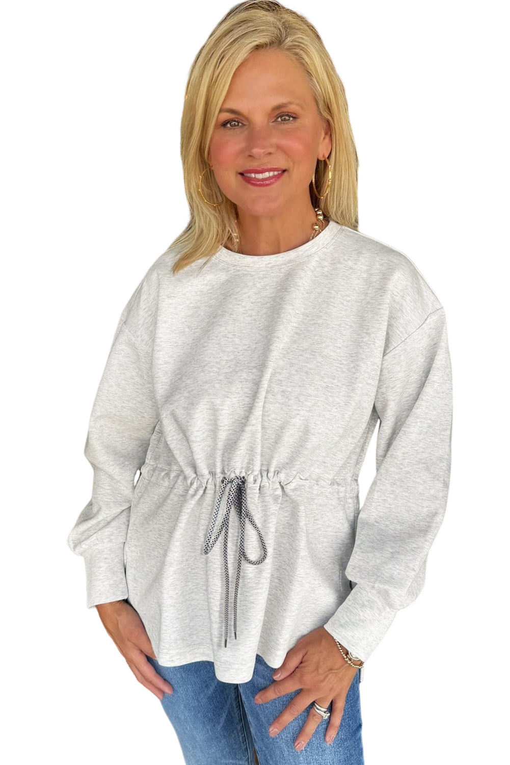 Light Grey Drawstring Waist Plain Pullover Sweatshirt