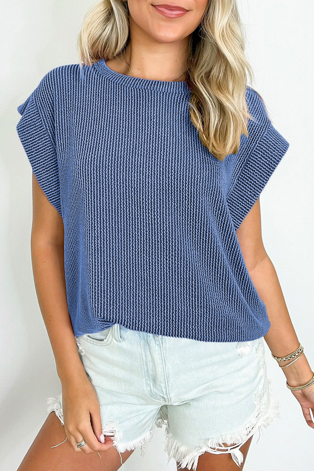 Gray Twisted Ribbed Textured Plain T Shirt