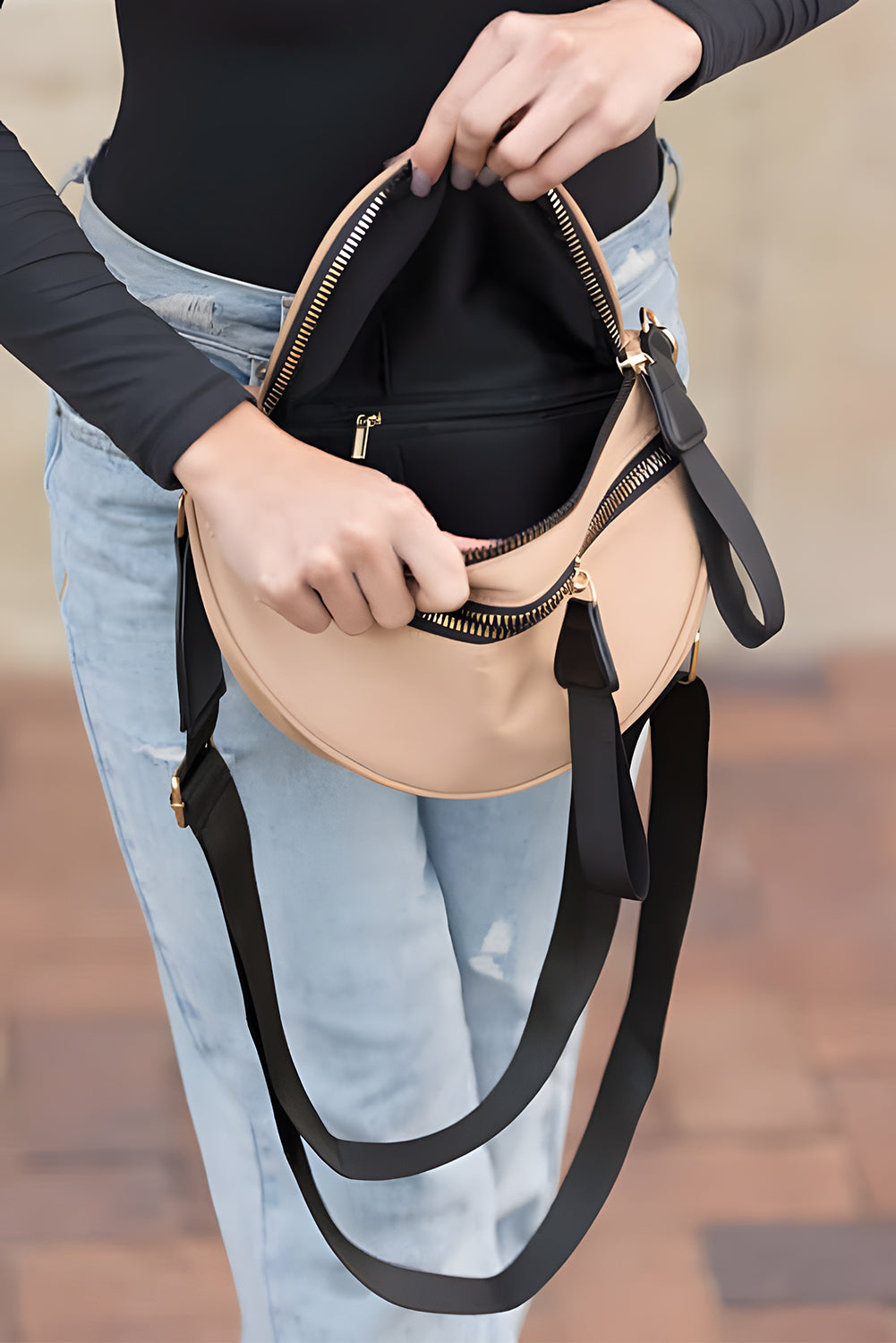 Light Blue Wide Strap Double Zipper Crossbody Bag