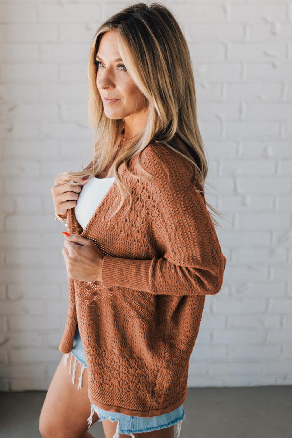 Redwood Burl Mix Pattern Hollow Knit Open Front Cardigan