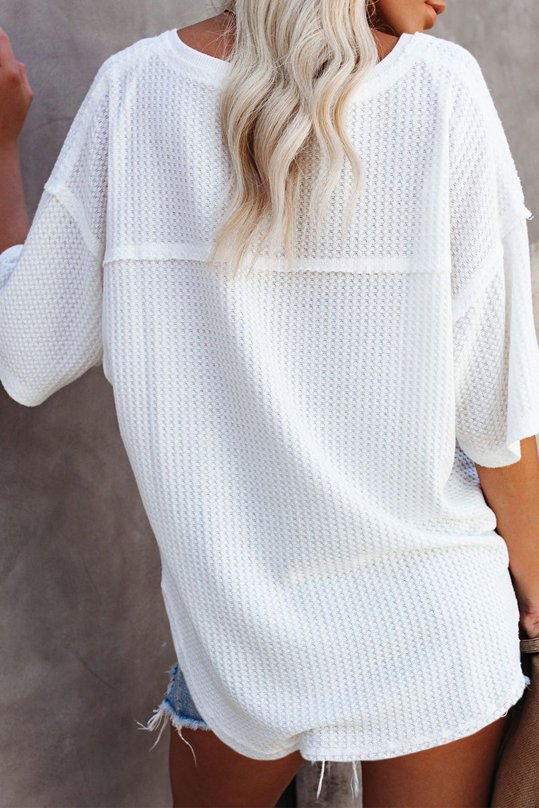 Black Exposed Seam Drop Sleeve V Neck Waffle Textured Top
