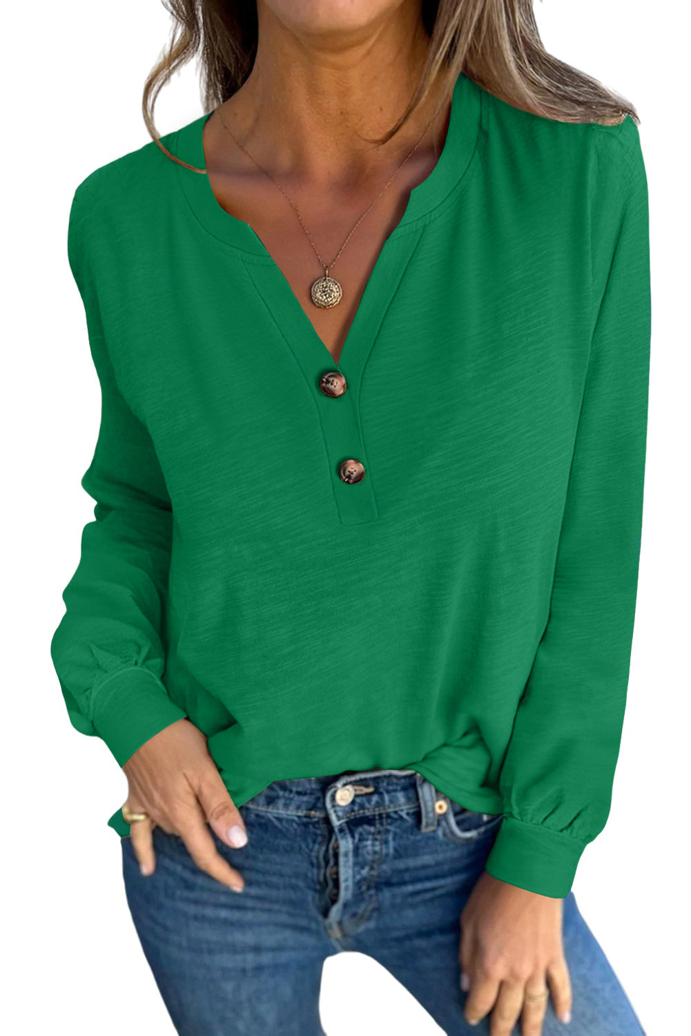 Mist Green Casual Button V Neck Long Sleeve T-Shirt