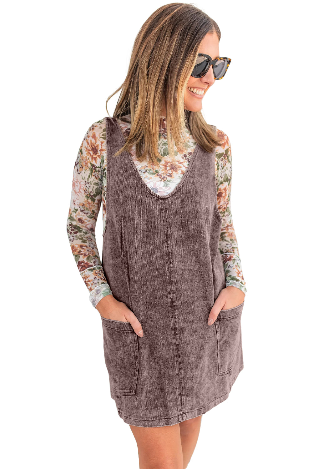 Goat Vintage Washed Denim V Neck Suspender Mini Dress