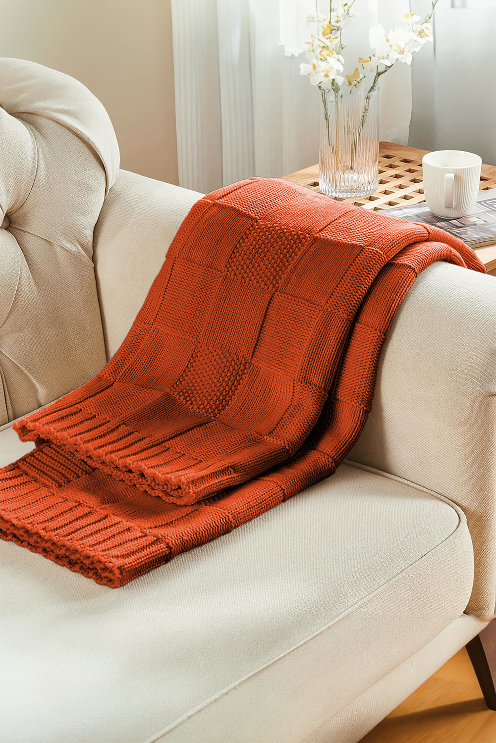 Orange Checkered Soft Knit Throw Blanket