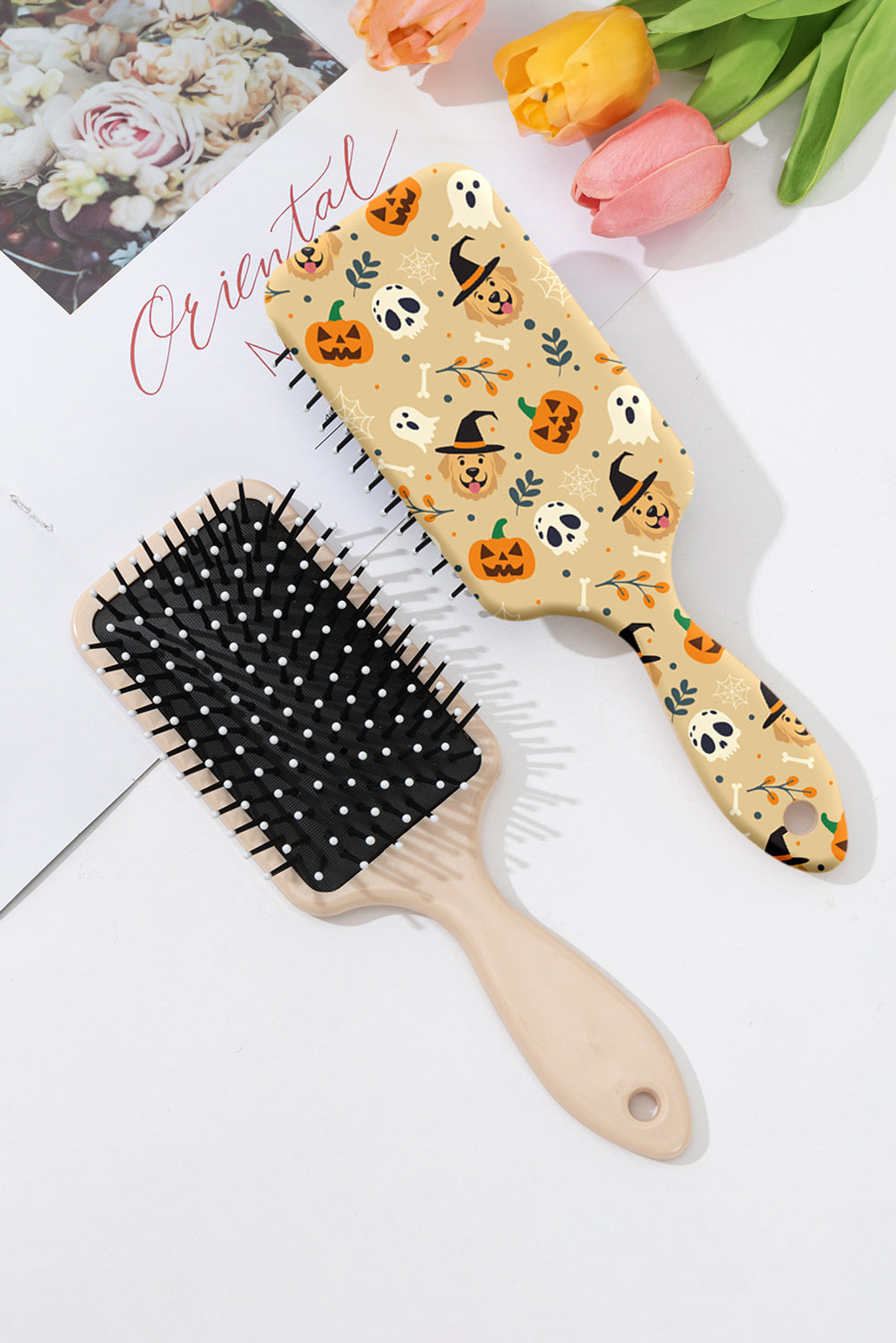 Beige Dog Witch Halloween Print Large Paddle Air Cushion Comb