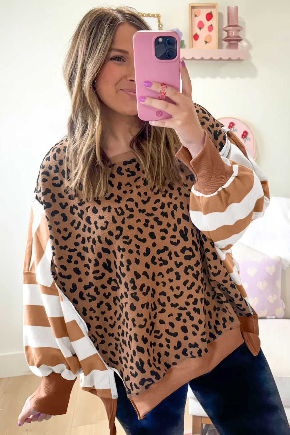 Purple Striped Leopard Colorblock Side Slits Sweatshirt