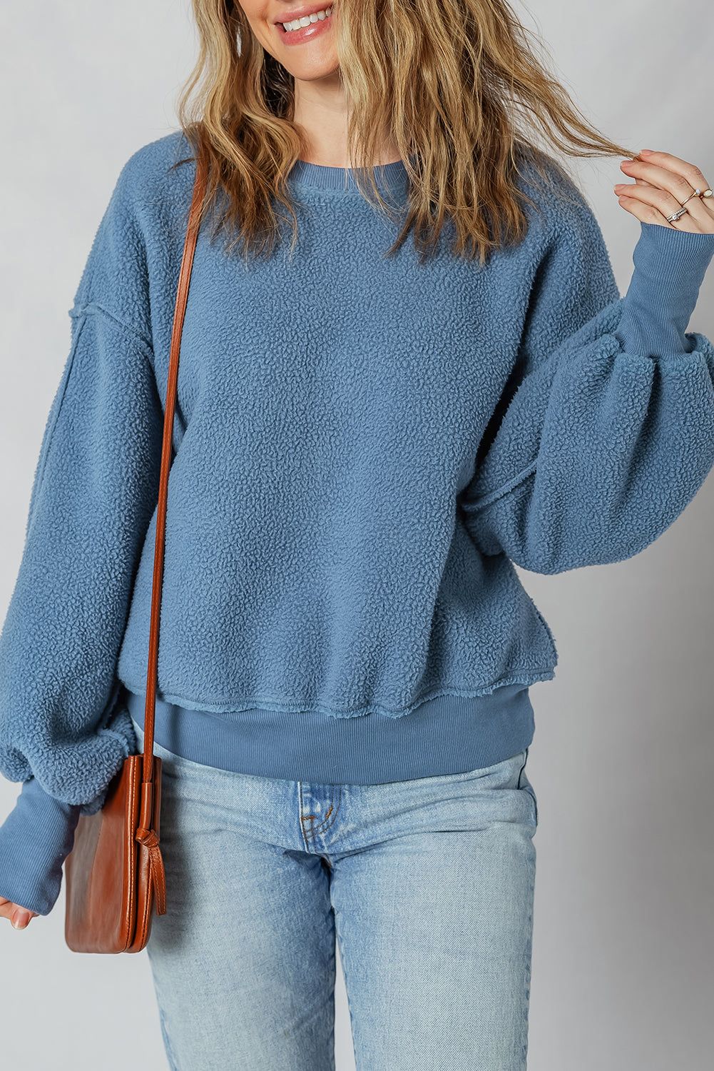 Sail Blue Fleece Drop Shoulder Exposed Seam Patchwork Sweatshirt