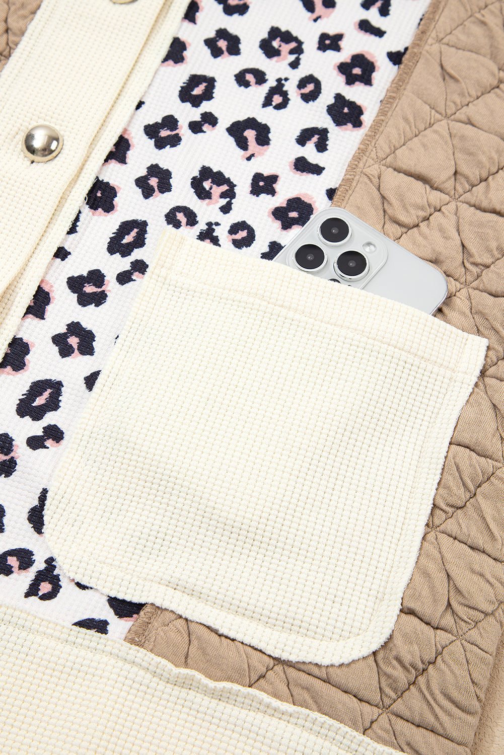 Khaki Leopard Waffle Quilted Patchwork Button Front Jacket