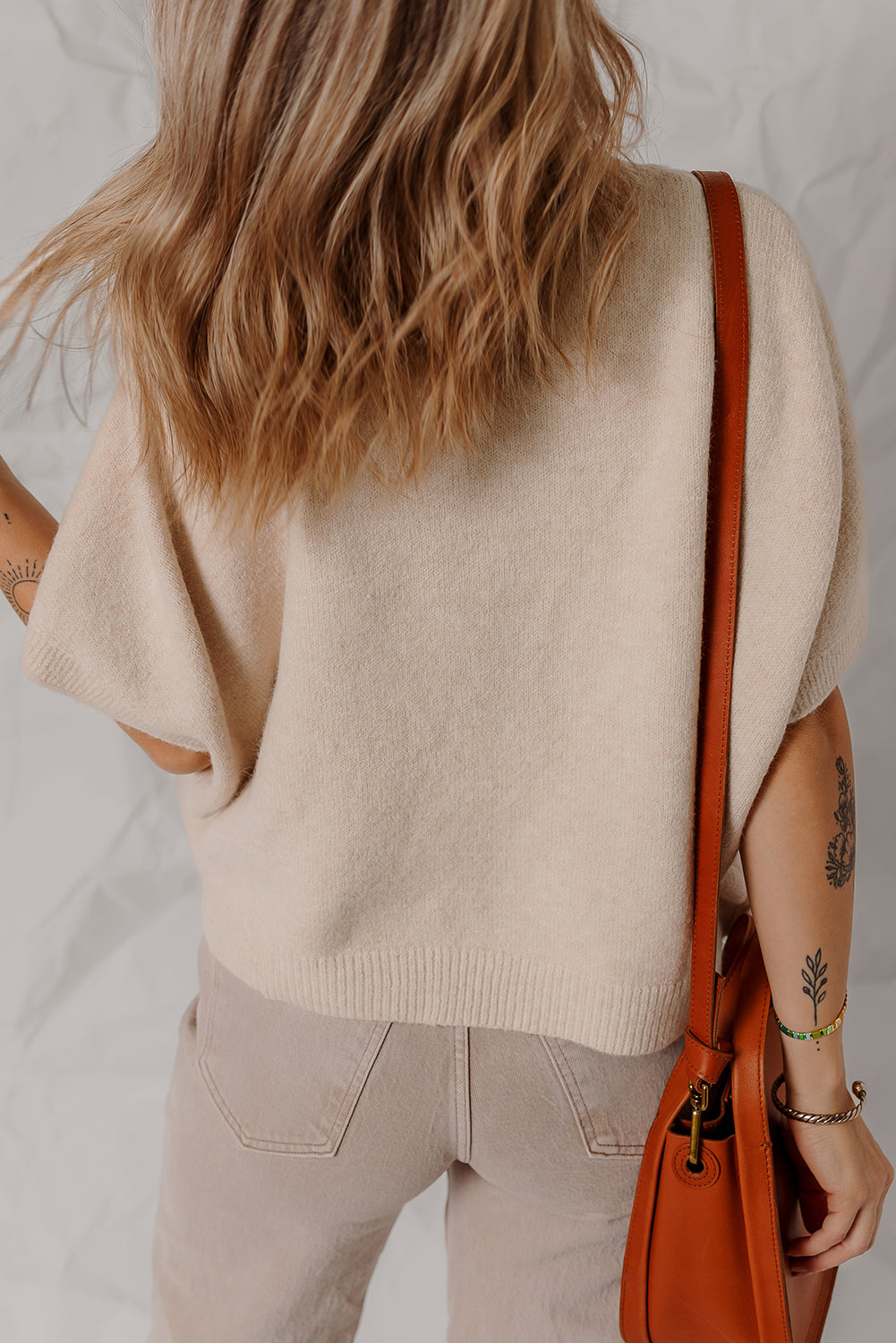 Oatmeal Pearl Bow Embellished Dolman Short Sleeve Sweater