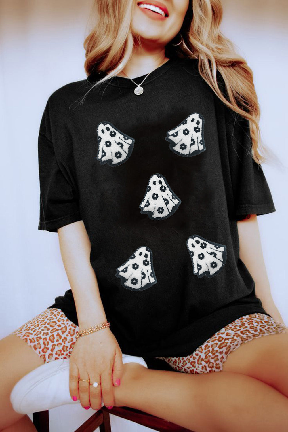 Black Halloween Playful Ghost Patched Cotton Blend T Shirt