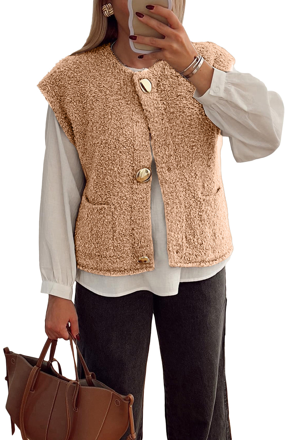 Light French Beige Big Button Accent Fuzzy Pocket Vest
