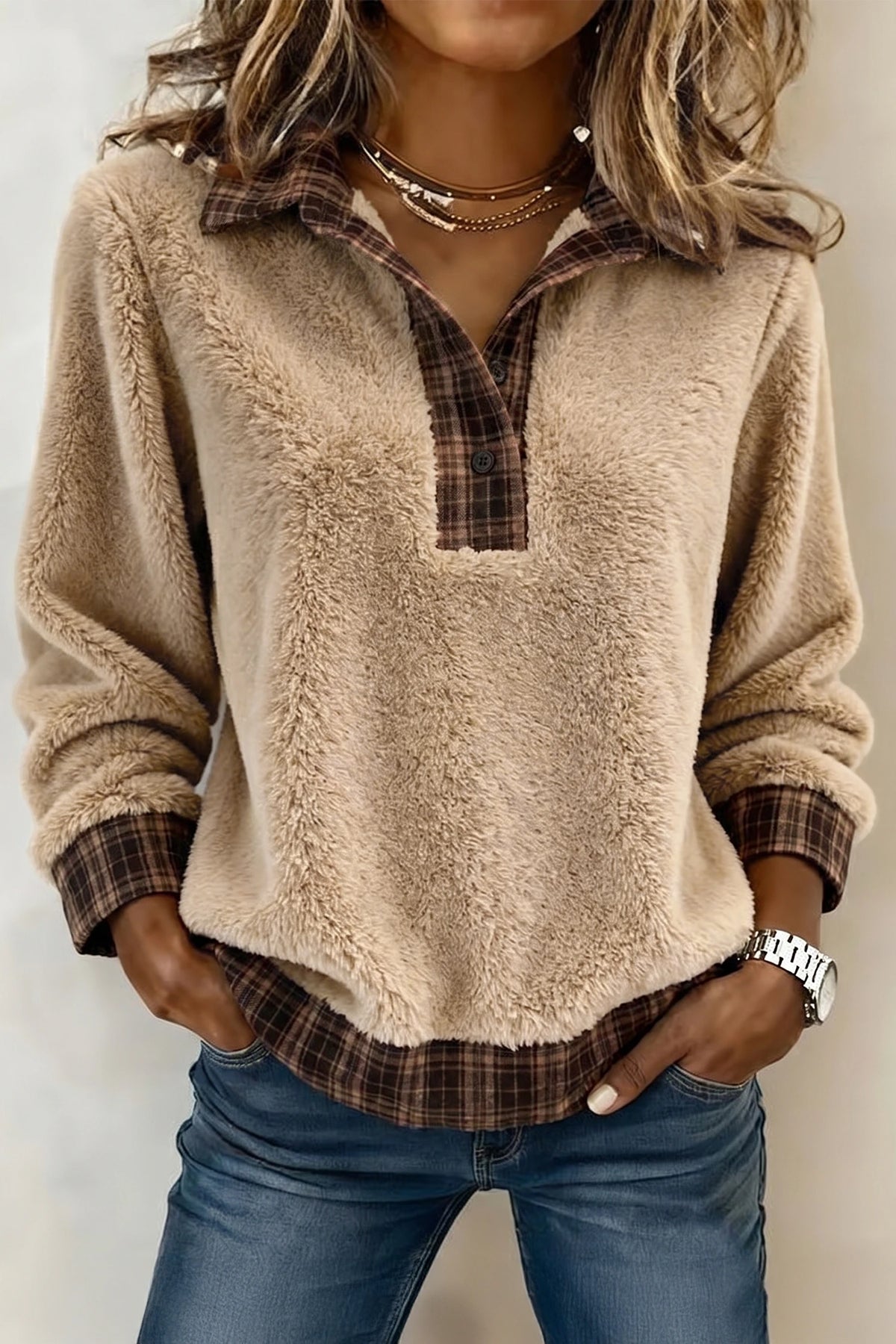 Pre-Order Light French Beige Plaid Collar Button Front Fleece Pullover Sweatshirt