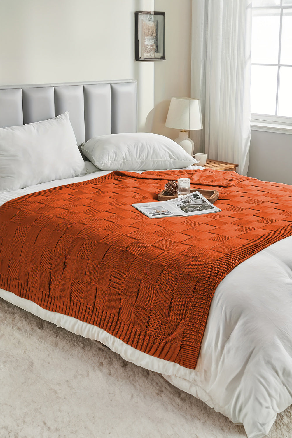 Orange Checkered Soft Knit Throw Blanket