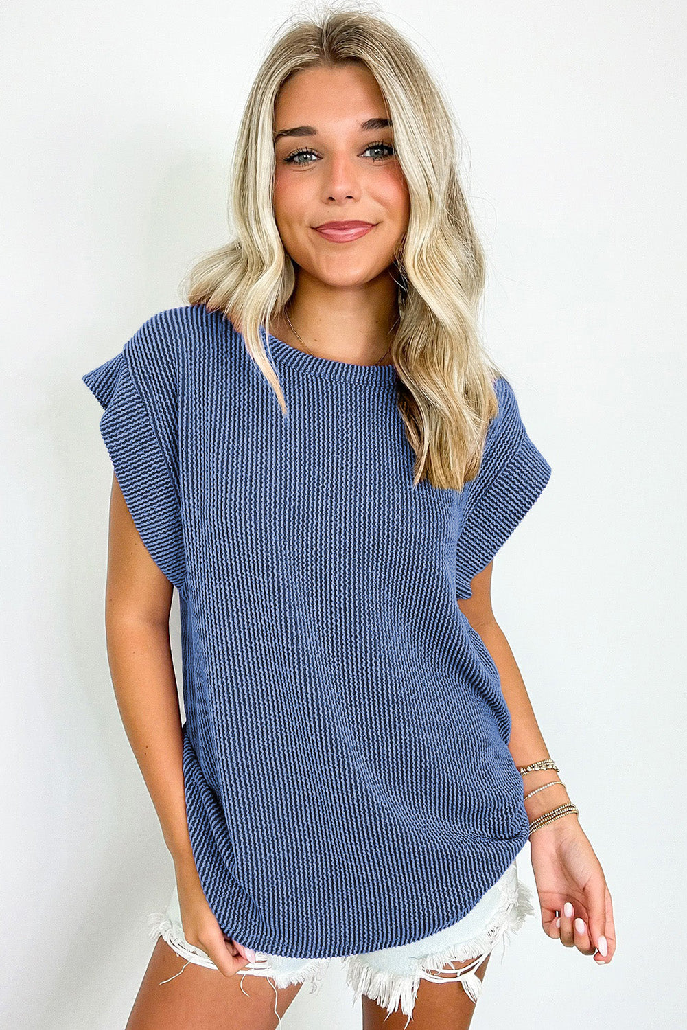 Gray Twisted Ribbed Textured Plain T Shirt