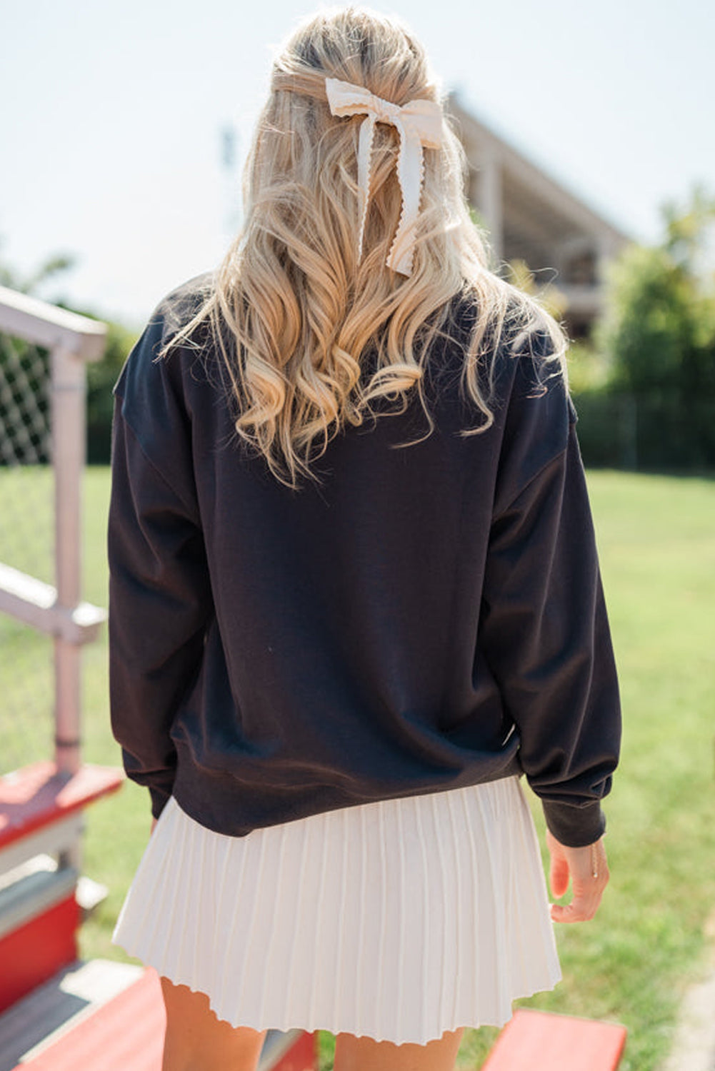 Black Chenille Game Day Letter Patched Drop Shoulder Sweatshirt
