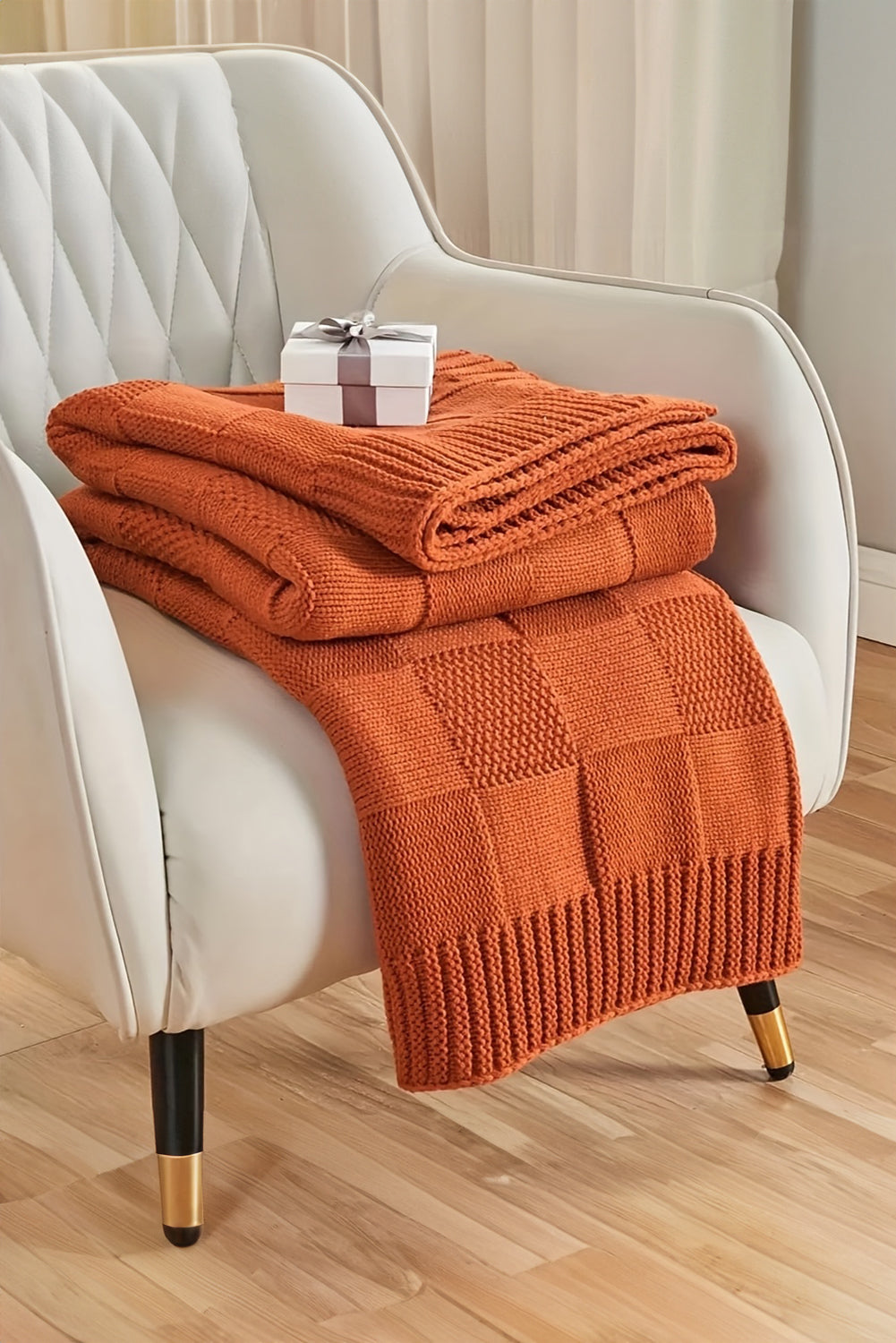 Orange Checkered Soft Knit Throw Blanket