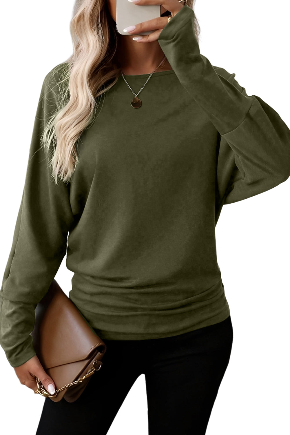 Light Grey Solid Color Round Neck Dolman Sleeve Top