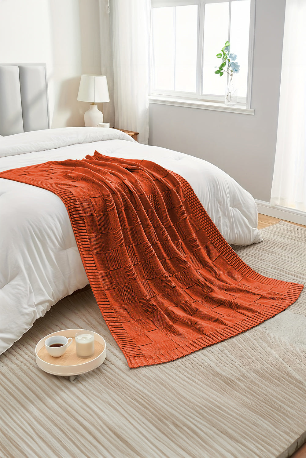 Orange Checkered Soft Knit Throw Blanket