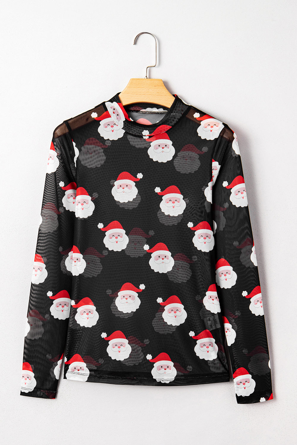 Black Christmas Santa Claus Slim Fit Mesh Long Sleeve Top