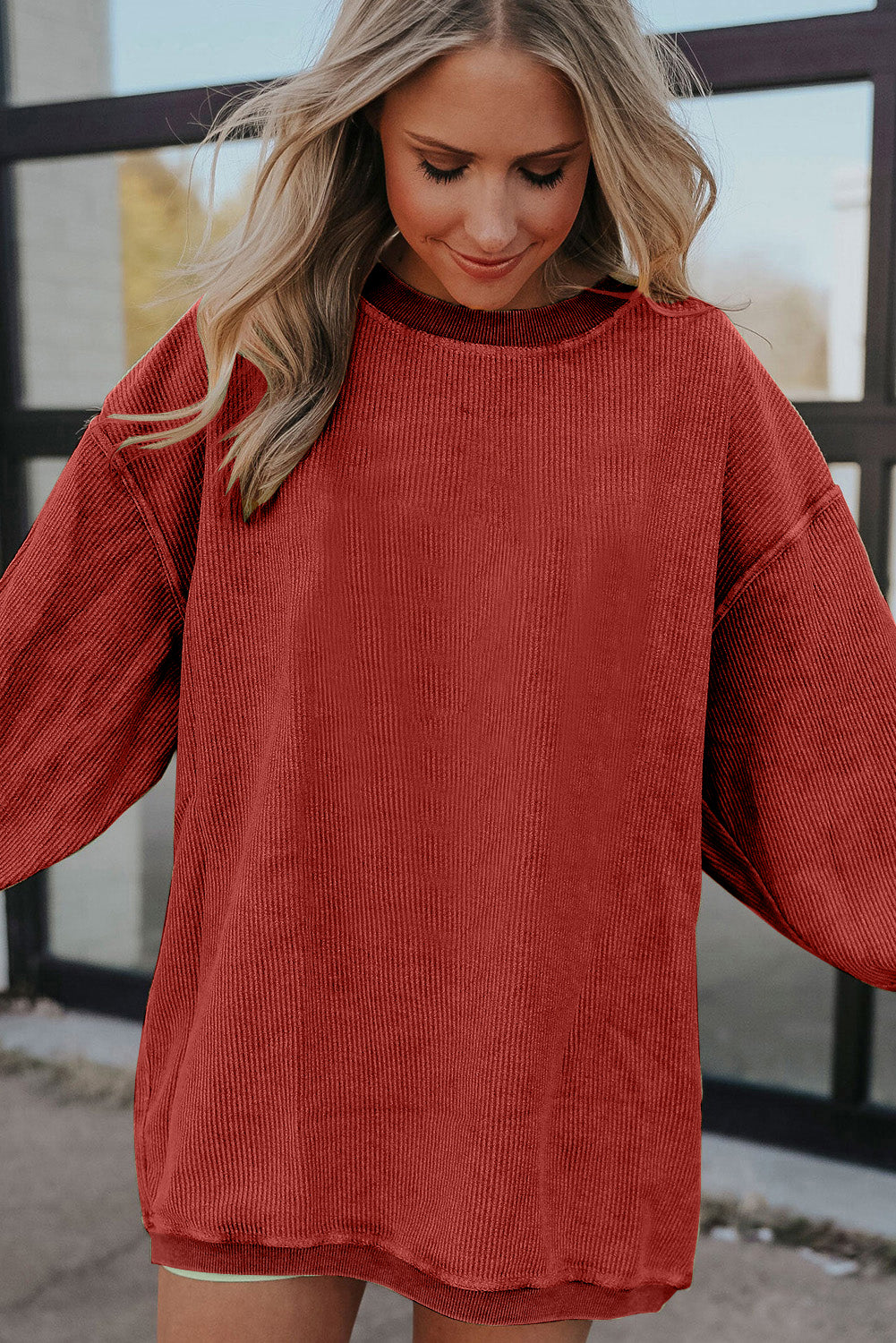 Dark Grey Drop Sleeve Rib Knit Oversized Sweatshirt