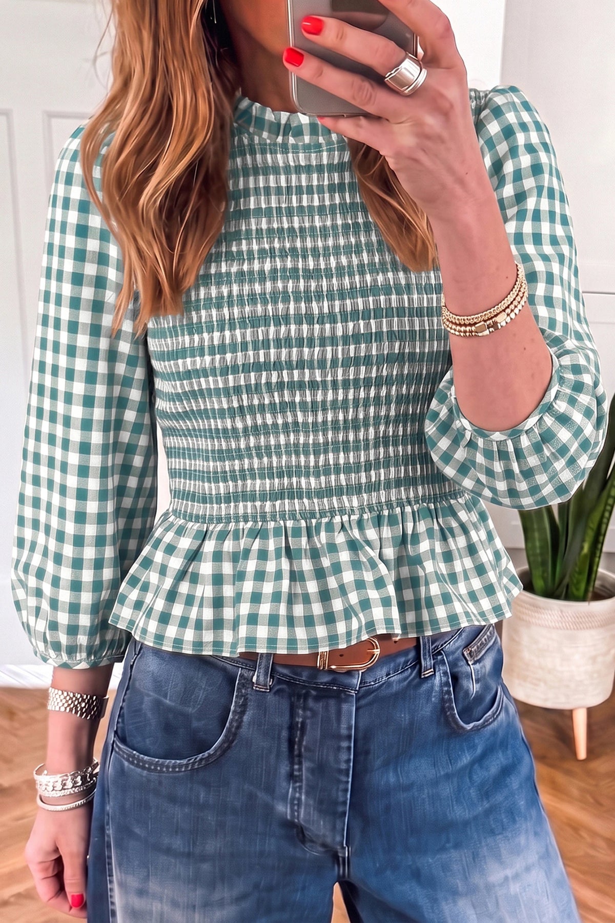 Pre-Order Green 3/4 Sleeve Shirred Plaid Peplum Top