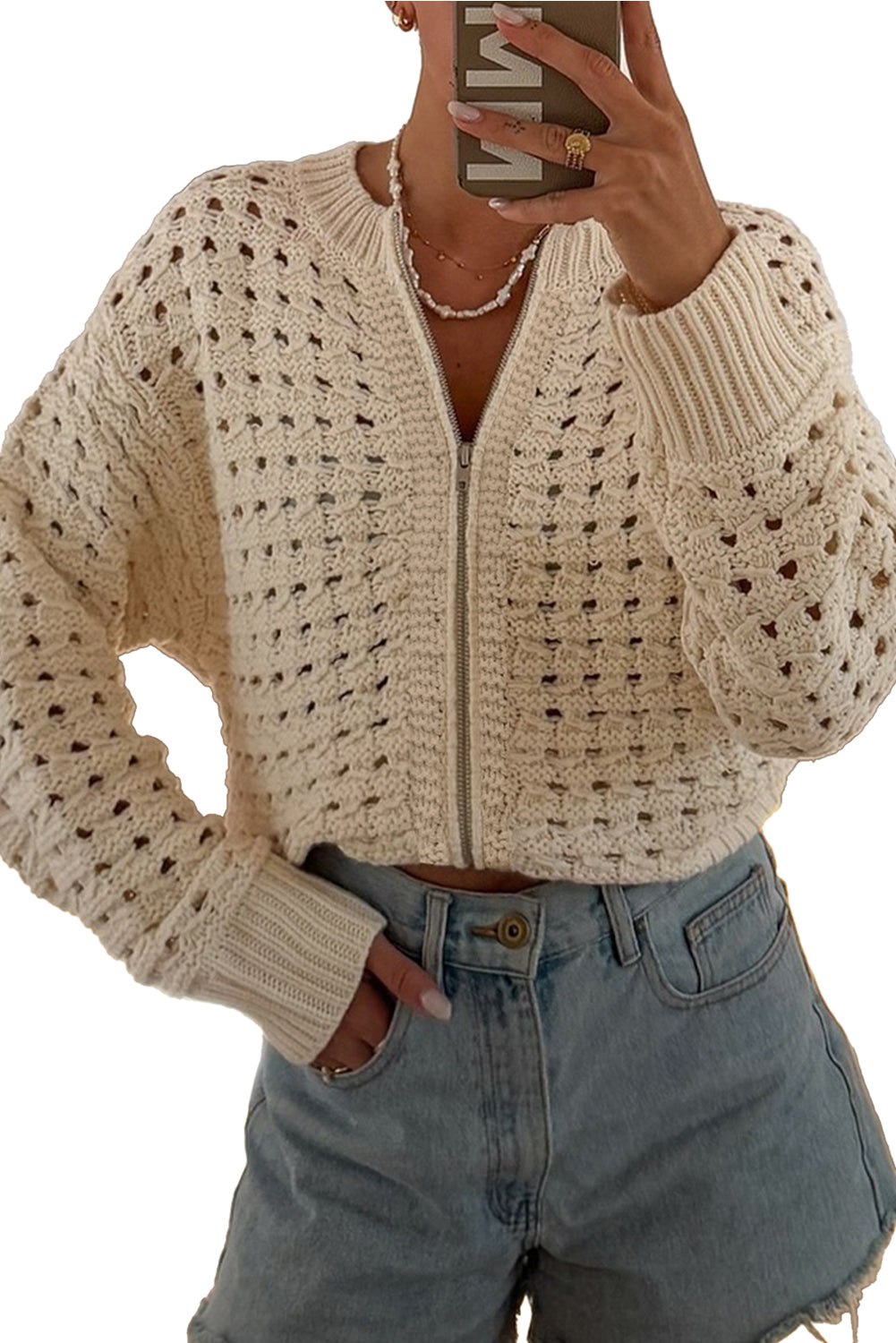 Beige Hollowed Pattern Knit Zip Up Drop Shoulder Cardigan