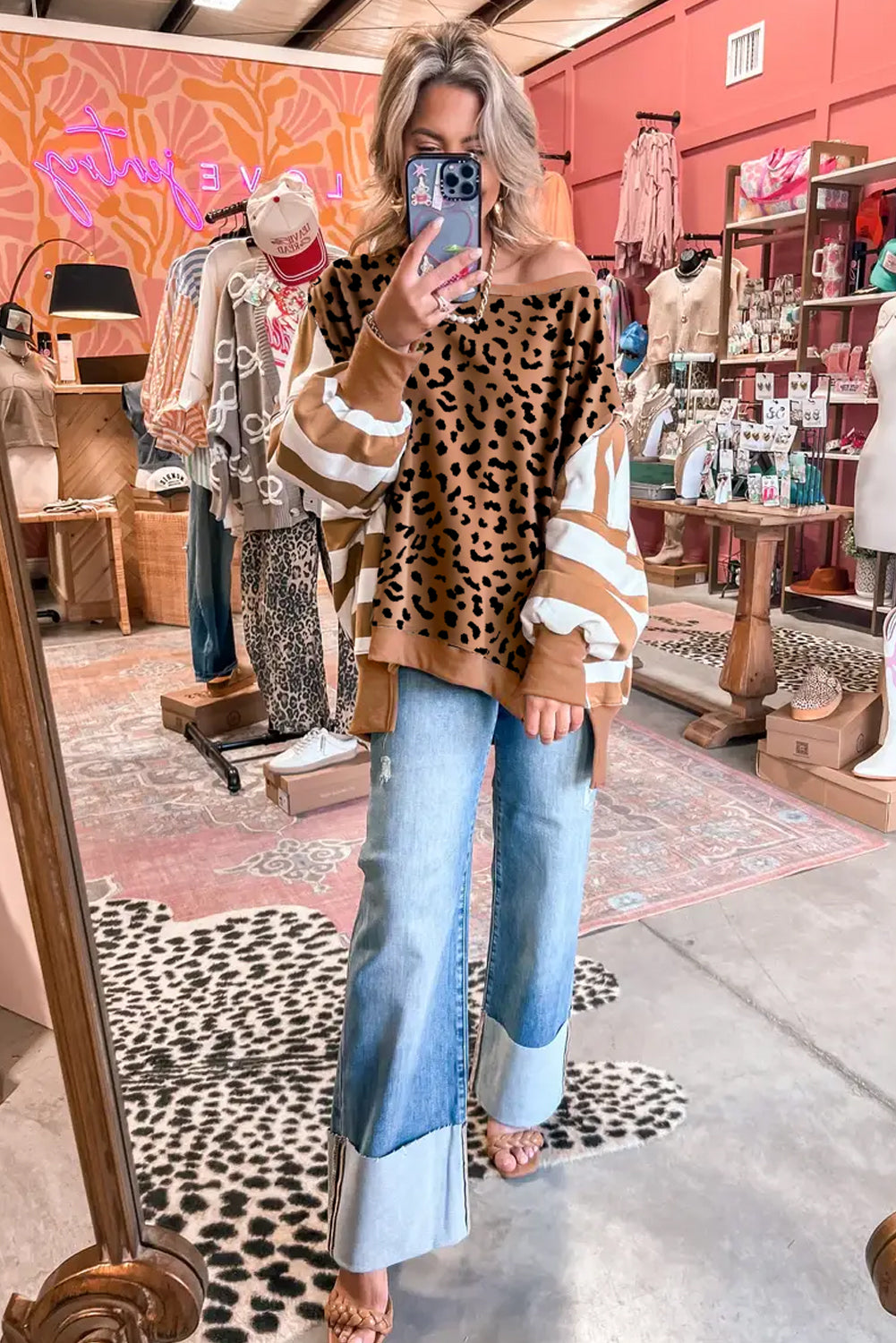 Purple Striped Leopard Colorblock Side Slits Sweatshirt