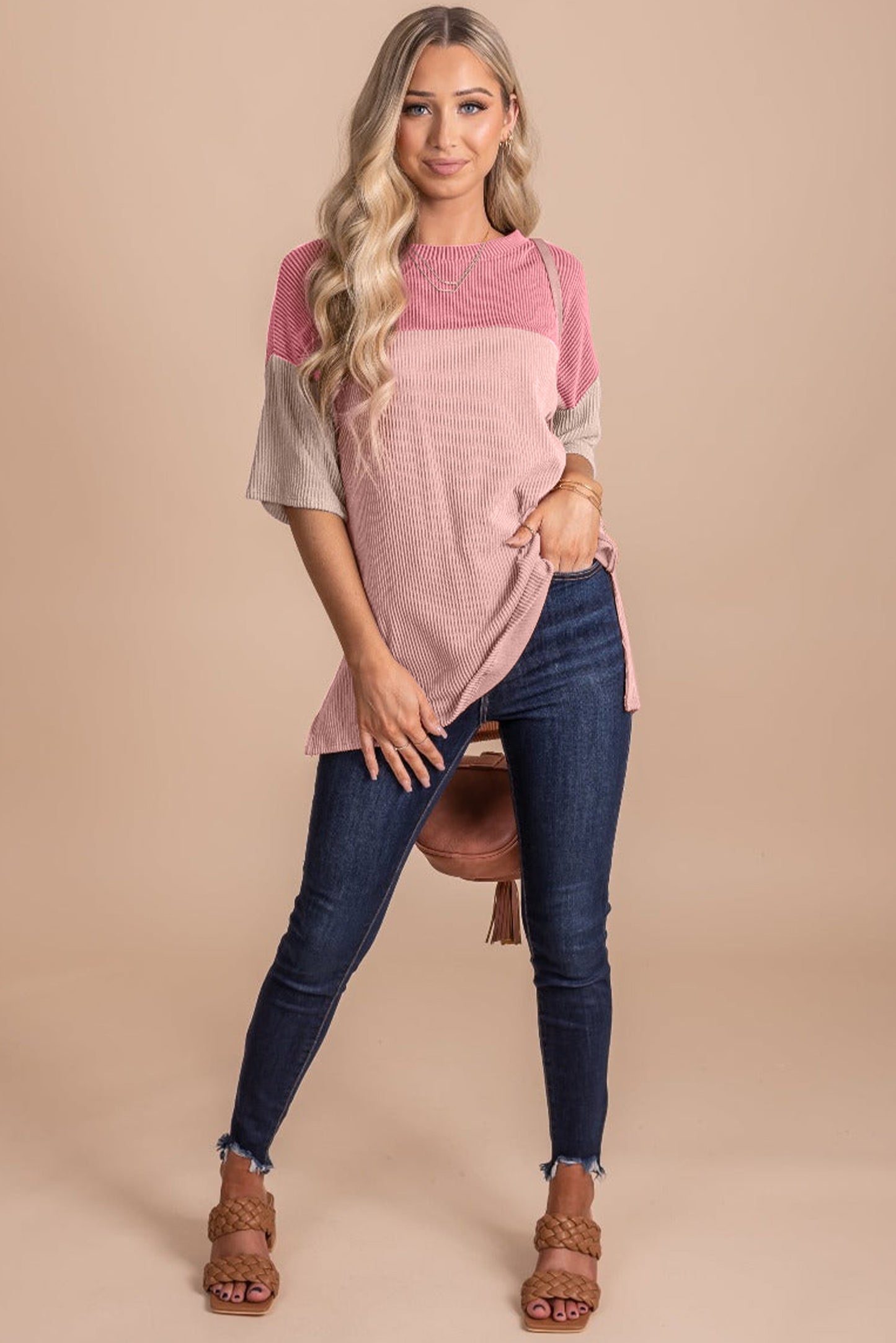 Black Color Block Ribbed Side Slits Half Sleeve Top