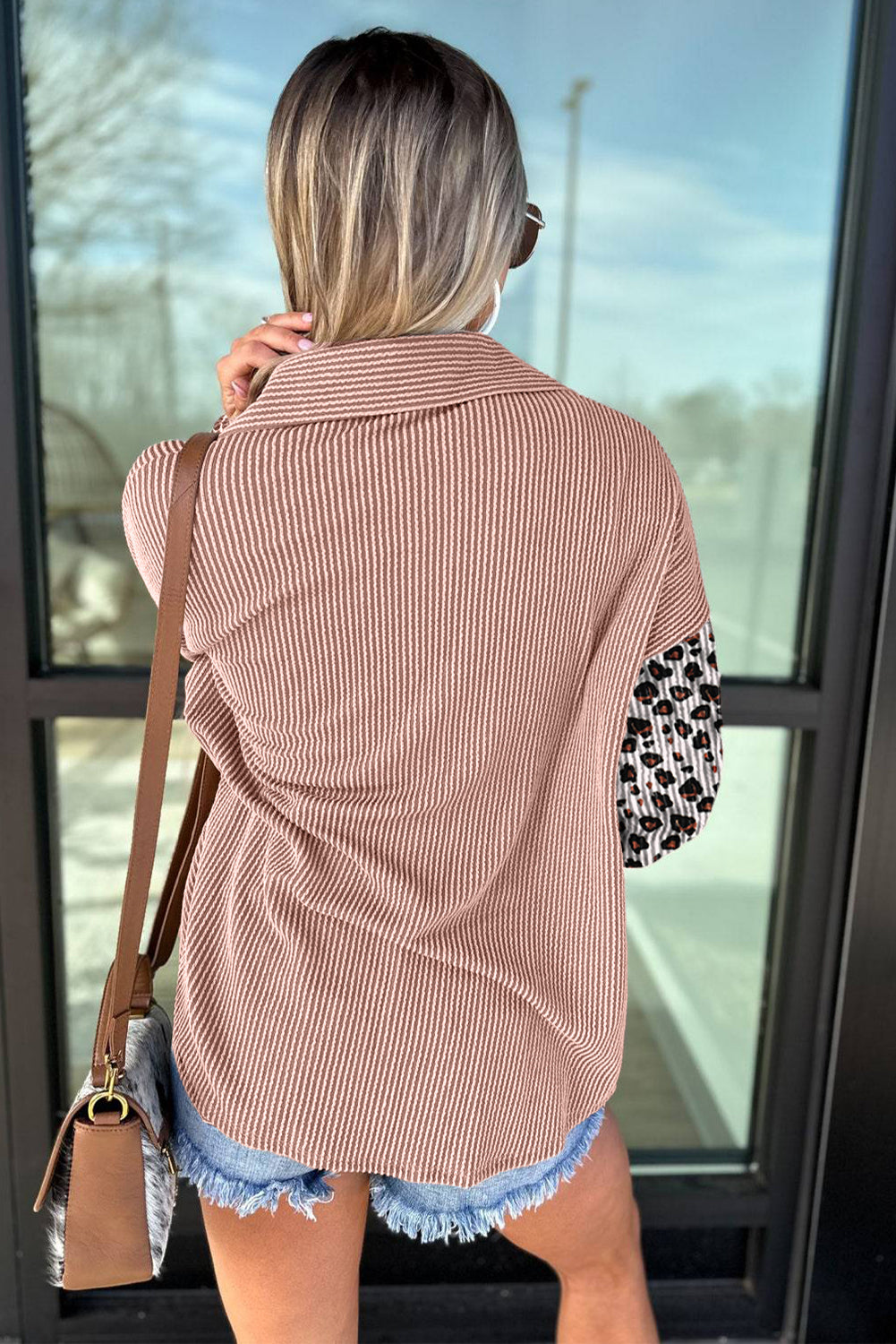 Dark Khaki Leopard Patchwork Twisted Ribbed Casual Shacket