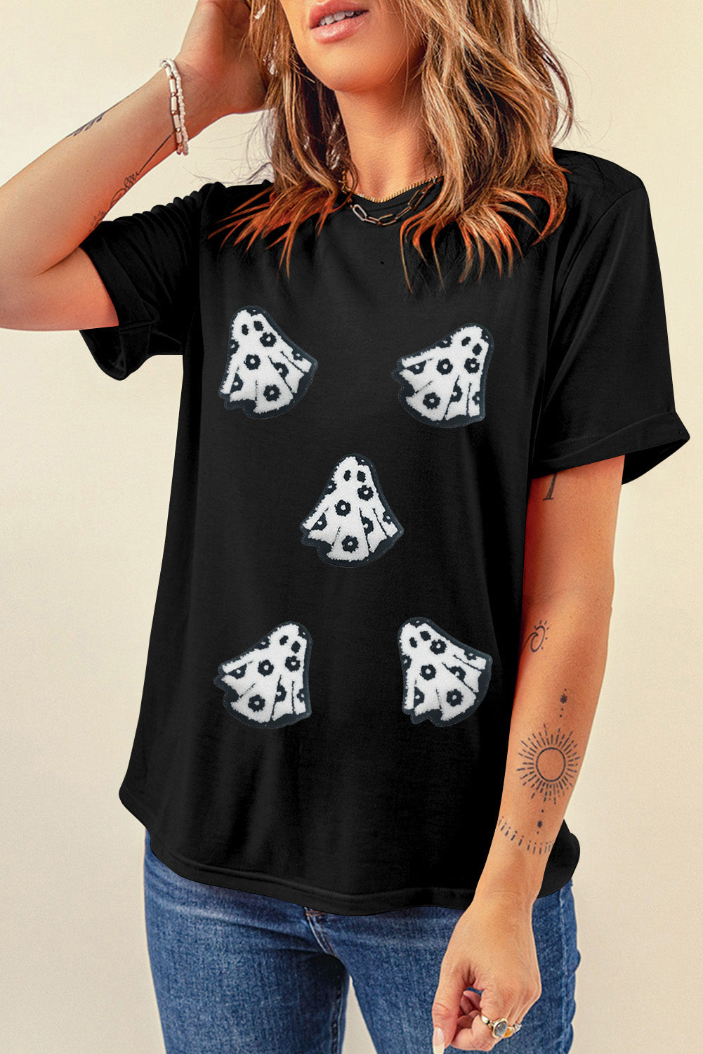 Black Halloween Playful Ghost Patched Cotton Blend T Shirt