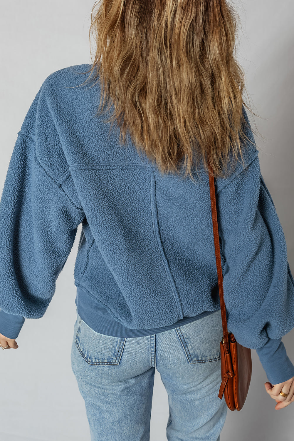 Sail Blue Fleece Drop Shoulder Exposed Seam Patchwork Sweatshirt