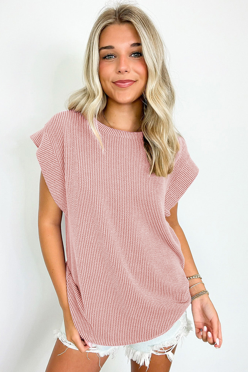 Gray Twisted Ribbed Textured Plain T Shirt