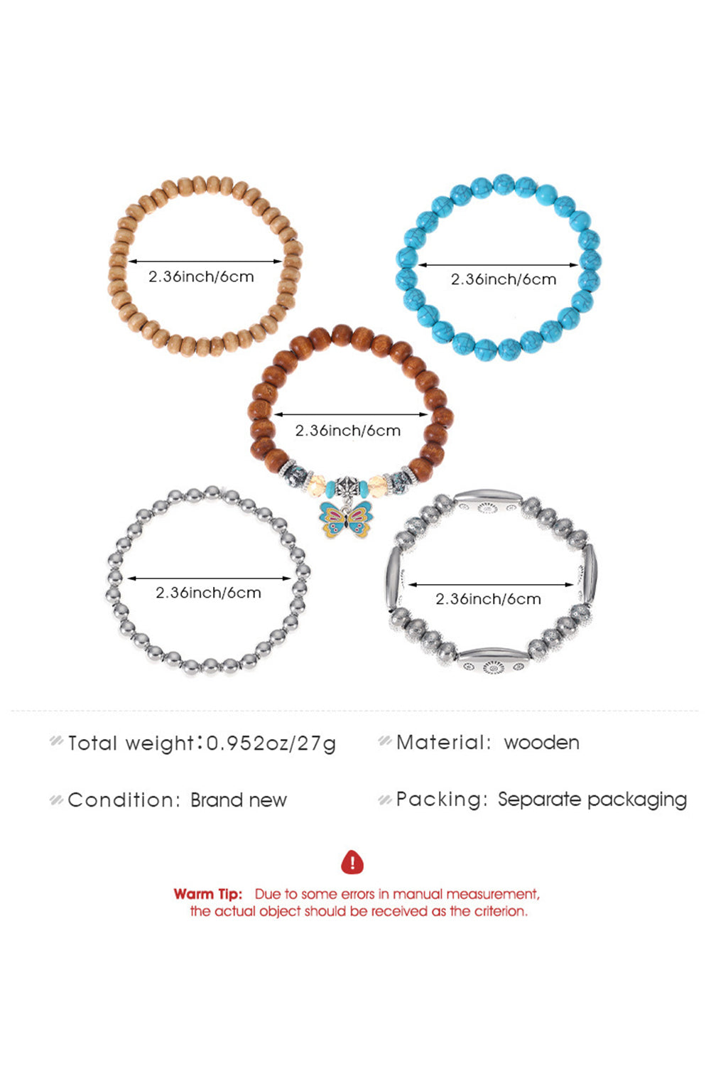 Silvery Boho Butterfly Pendant Beaded Bracelet Set