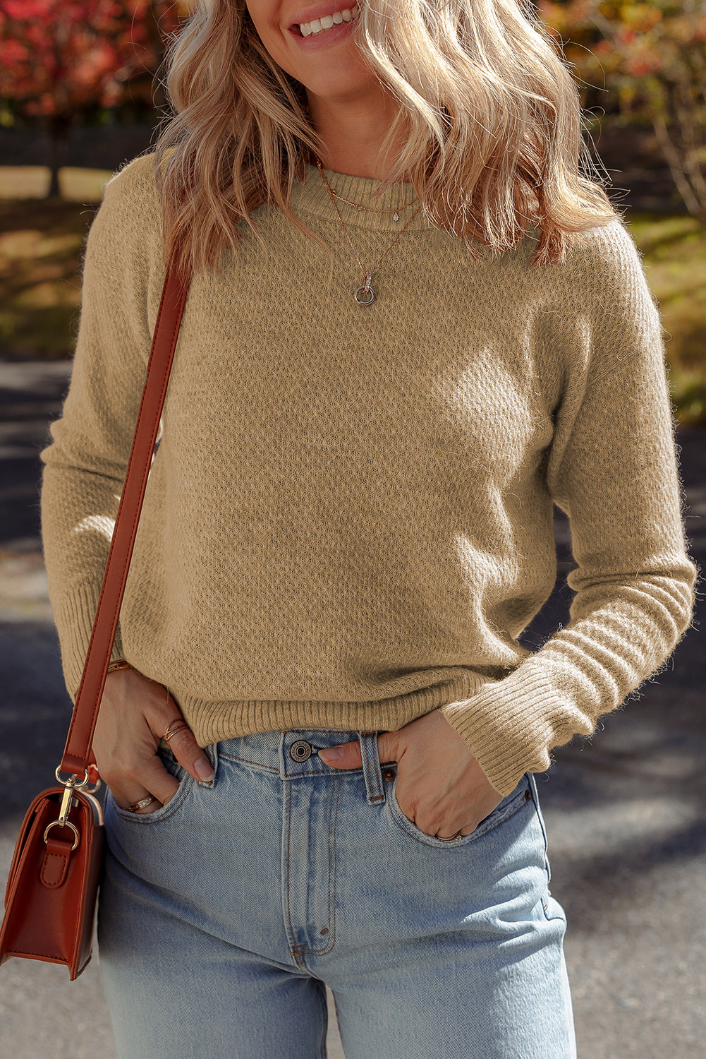Straw Yellow Brushed Knit Casual Fitted Sweater