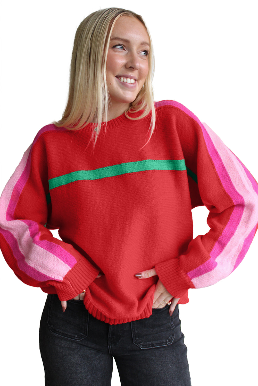Fiery Red Colorblock Striped Long Sleeve Knit Sweater