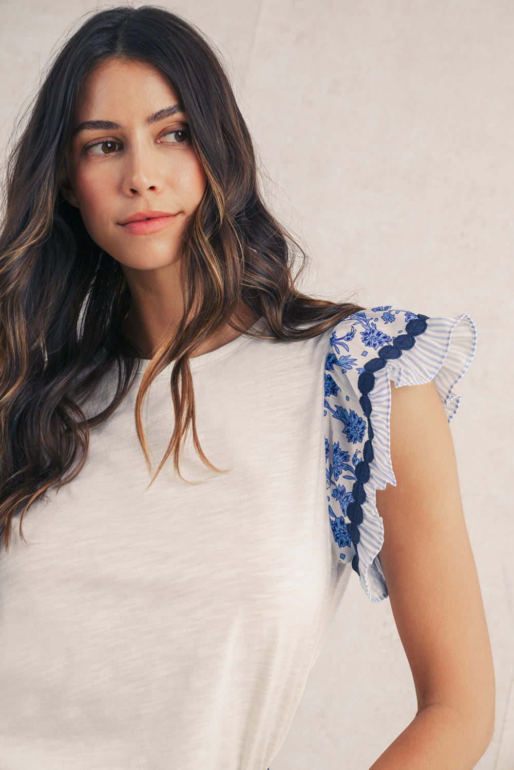 Blue Floral Striped Patchwork Flutter Sleeve Blouse