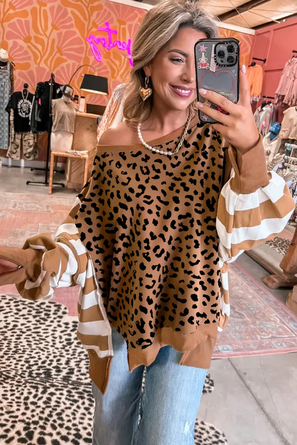 Purple Striped Leopard Colorblock Side Slits Sweatshirt