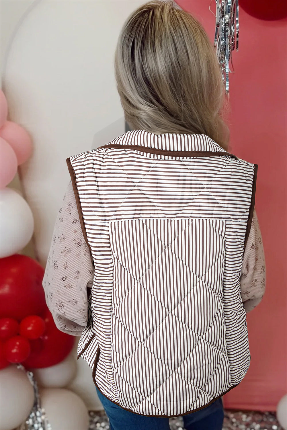 Brown Striped Snap Button Scalloped Hem Winter Vest