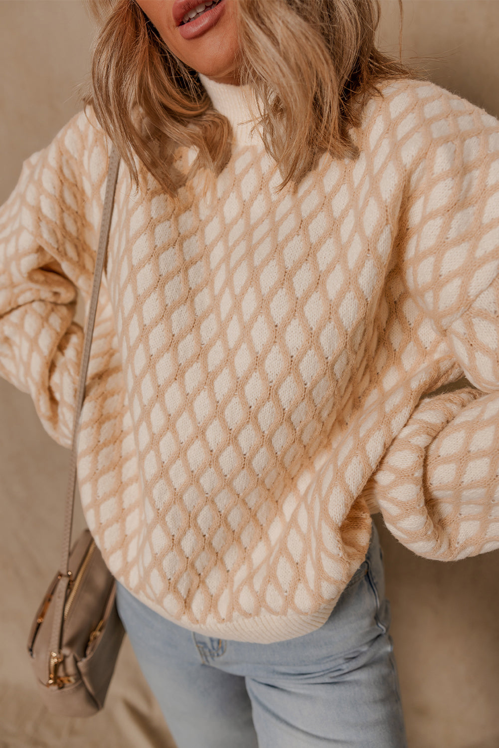 Smoke Gray Checkered Textured Knit Mock Neck Sweater