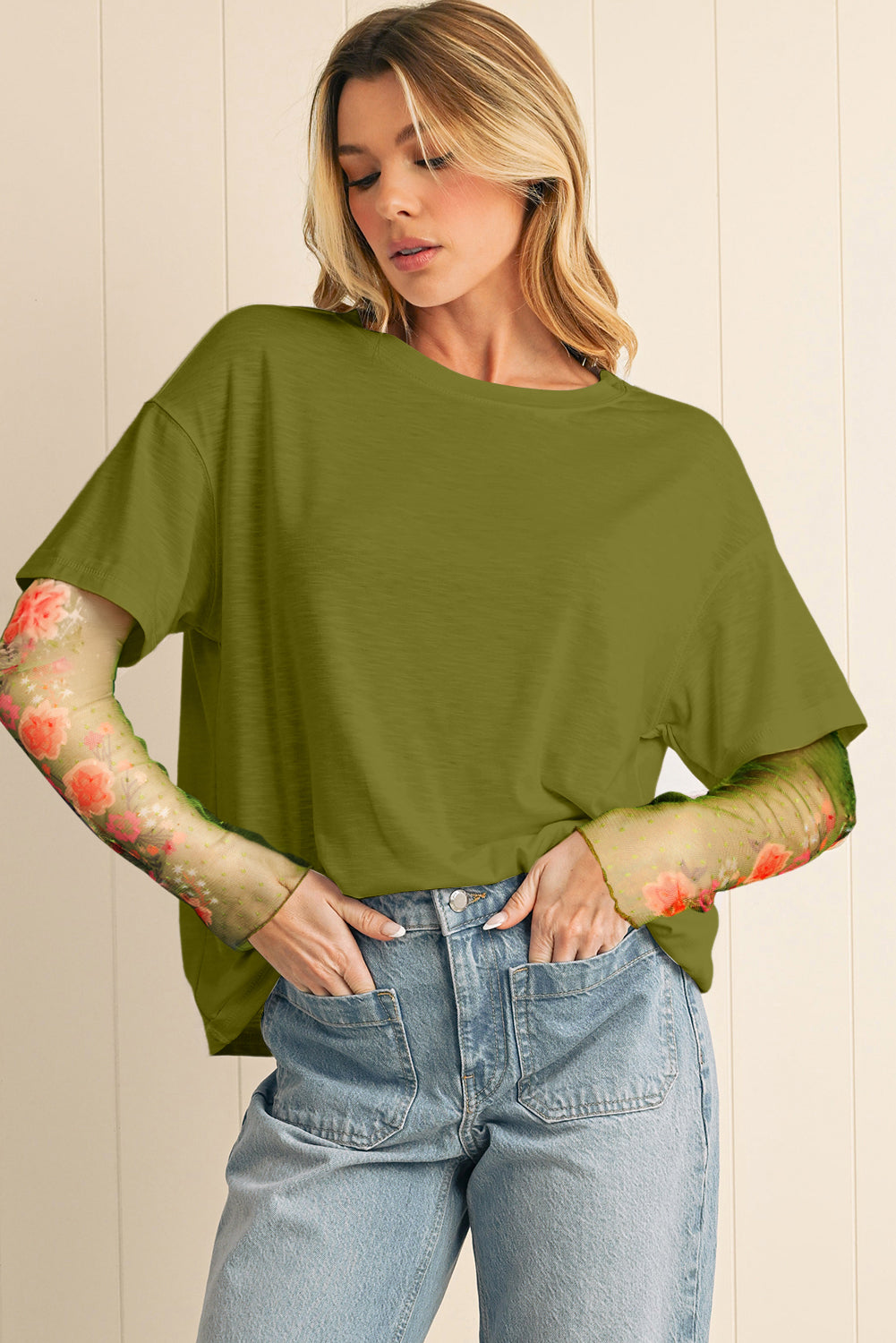 Black Floral Mesh Sleeve Fake Two-Piece Top